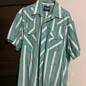 Wrangler Men's Teal and White Striped Button Down Shirt